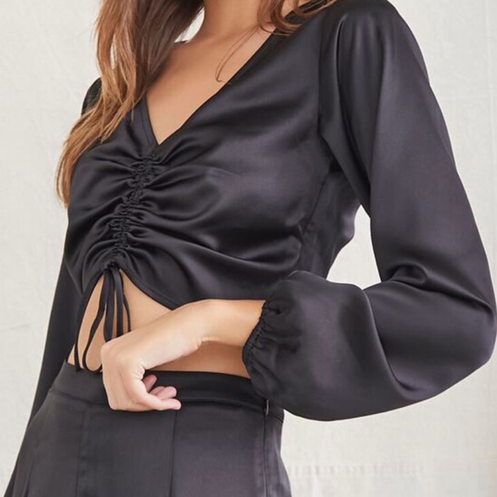 Green Satin Ruched Drawstring Crop Top from Forever 21